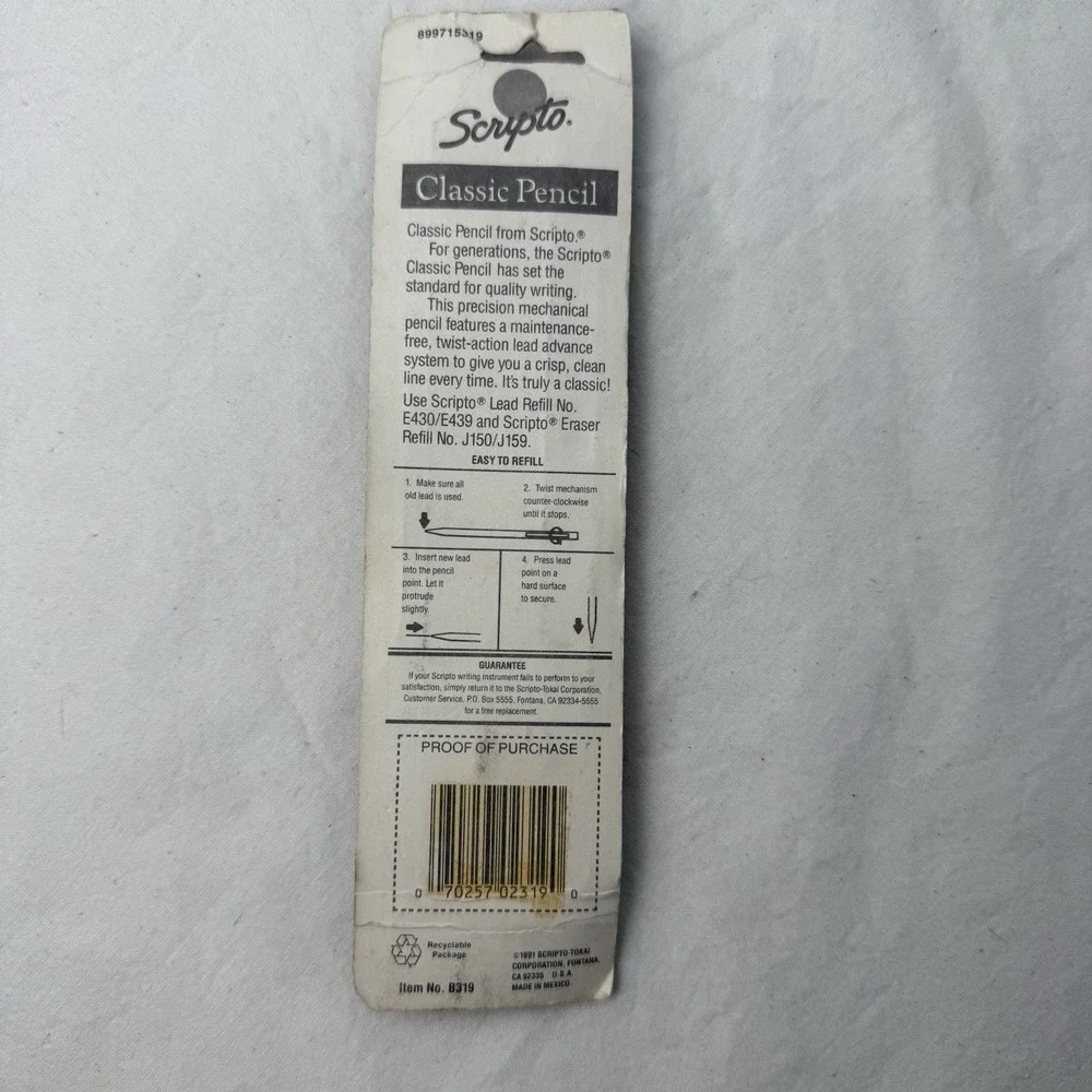 Sealed VTG 1991 Scripto Long Lead Classic Pencil Clear Mechanical B319 1.1mm USA